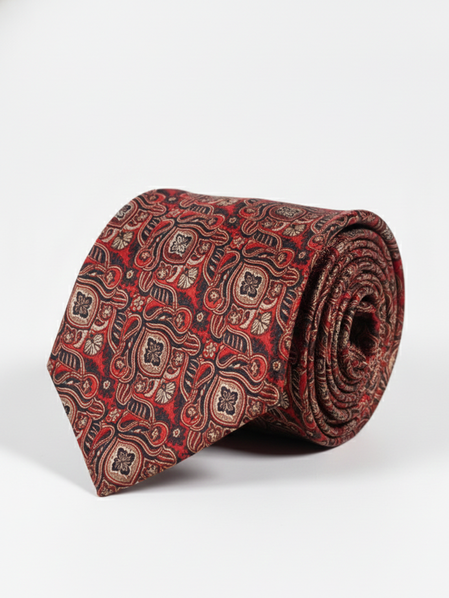 Red Art Silk Tie with Black & Golden Work – Premium Elegant Design