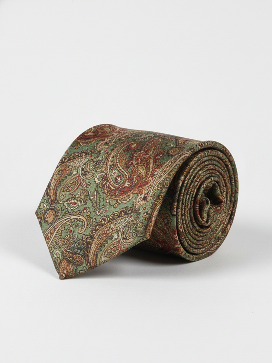 Elegant Green Necktie with Golden & Red Detailing