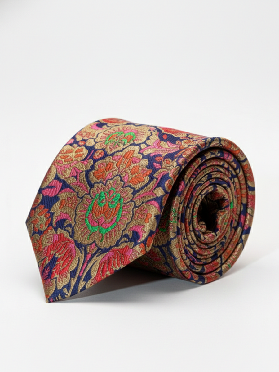 Luxury Floral Paisley art silk Necktie – Navy Blue & Gold Patter