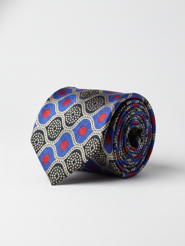 Blue Tie with Red Dots & Black Work – Stylish Designer Necktie