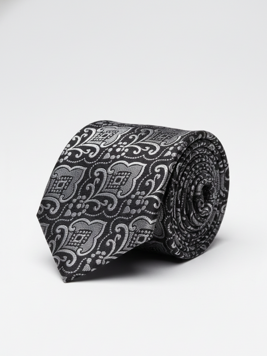 Black Tie with White Work Pattern – Classic Formal Necktie