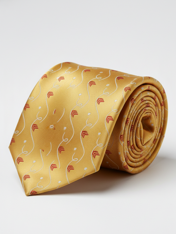 Luxury Golden Silk Tie with Red & White Print – Designer Formal Necktie