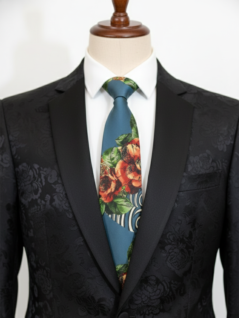 Designer Floral Printed Silk Tie for Men - Blue Statement Necktie - Image 2