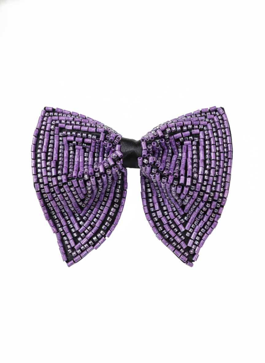 Hand-Beaded Metallic & Amethyst Crystal Bow Tie