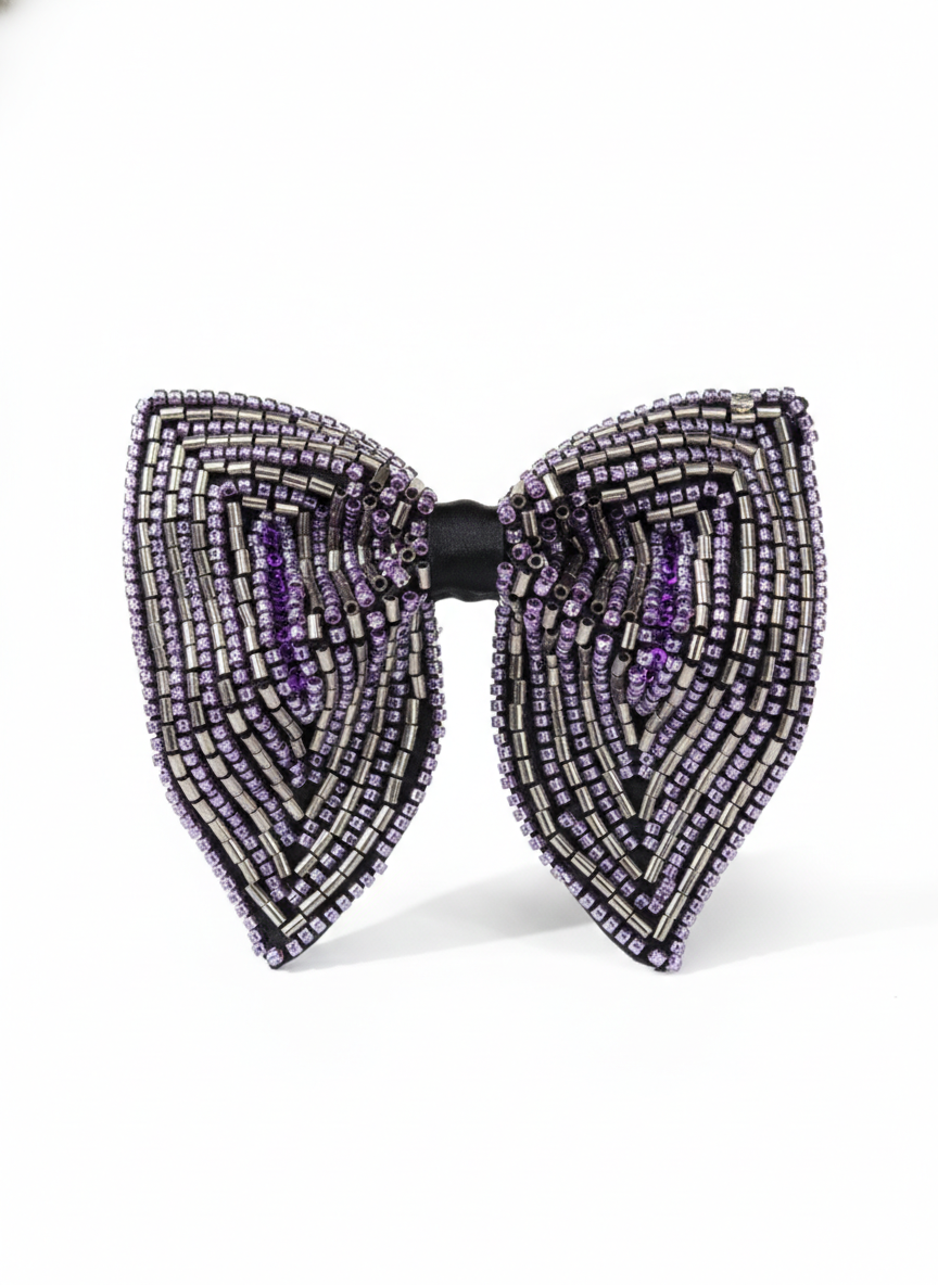 Hand-Beaded Silver & Purple Butterfly Bow Tie