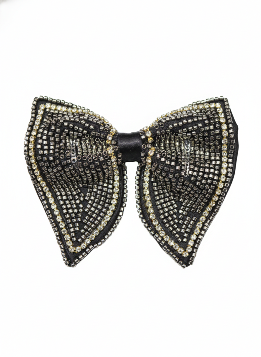 Elite Hand-Beaded Silver Butterfly Statement Bow Tie