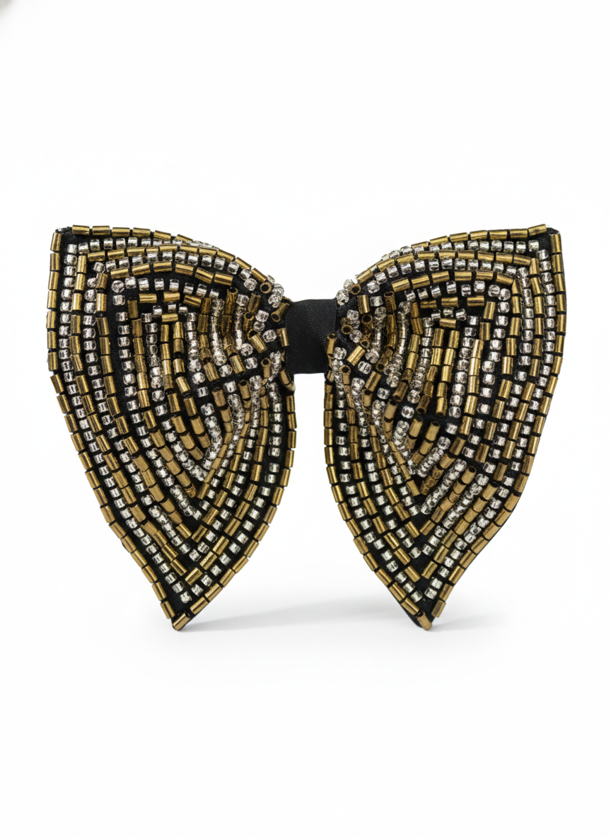 Gold & Silver Geometric Hand-Embroidered Bow Tie