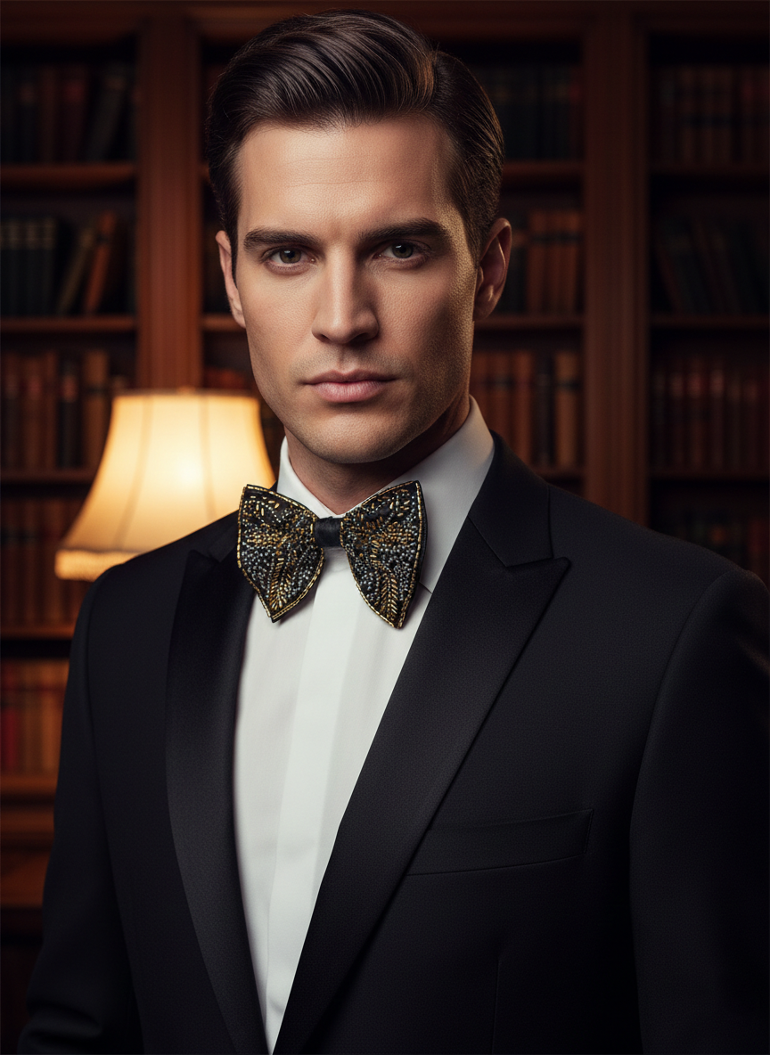 Black & Gold Designer Embroidered Bow Tie - Image 3