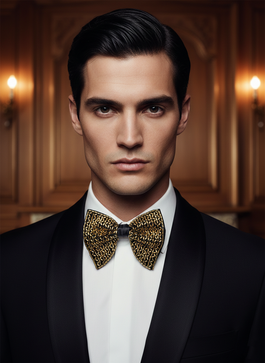 Black & Gold Scatter Hand-Embroidered Beaded Bow Tie - Image 3