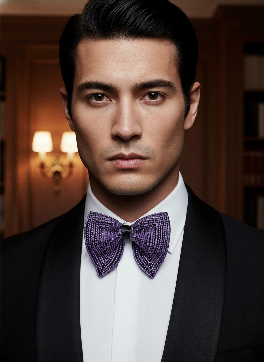 Hand-Beaded Metallic & Amethyst Crystal Bow Tie - Image 3