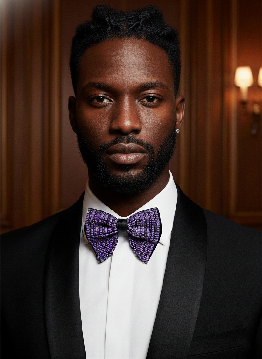 Hand-Beaded Purple Crystal & Metallic Bugle Bow Tie - Image 3