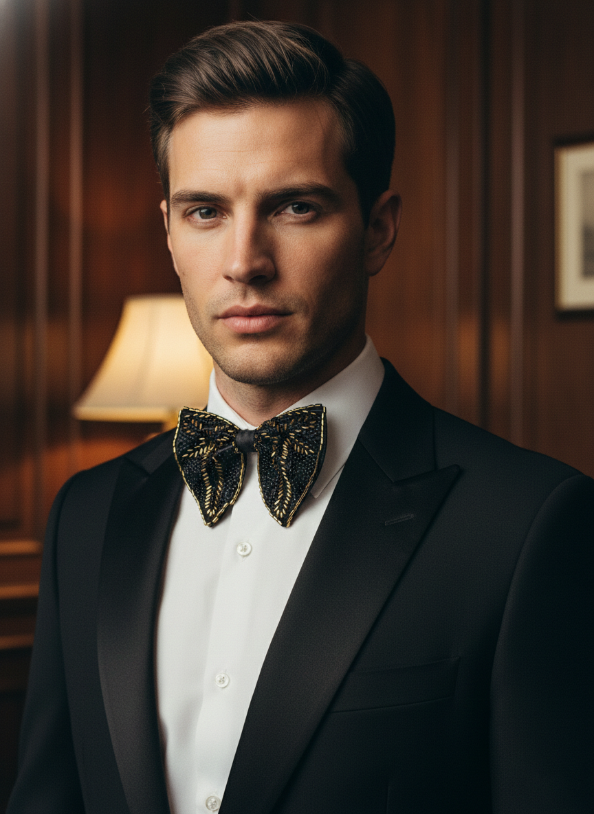 Black & Antique Gold Embroidered Bow Tie - Image 3