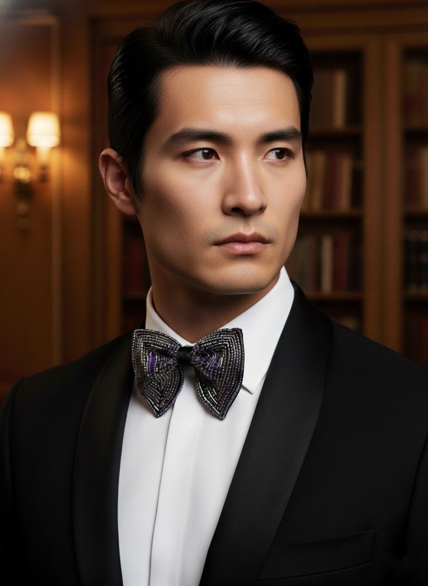 Hand-Beaded Silver & Purple Butterfly Bow Tie - Image 2