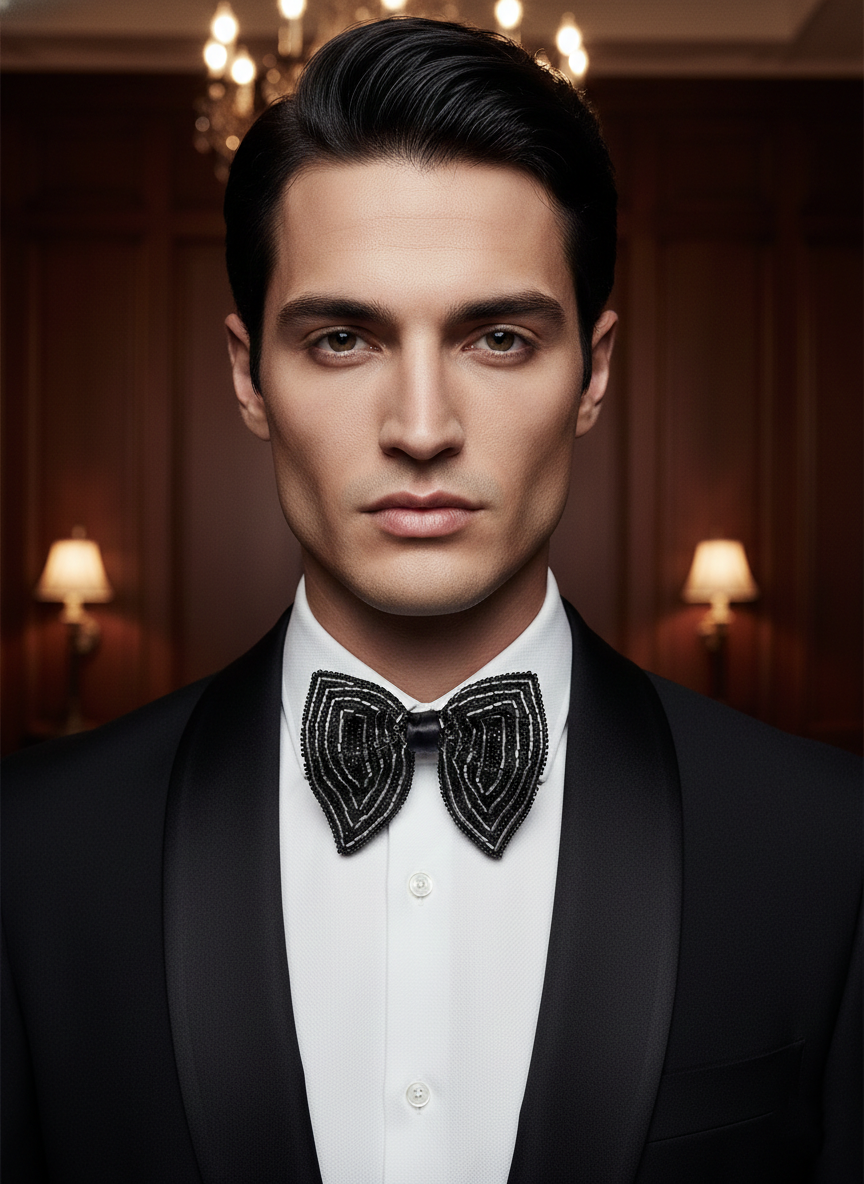 Stealth Onyx & Silver Hand-Beaded Bow Tie - Image 2