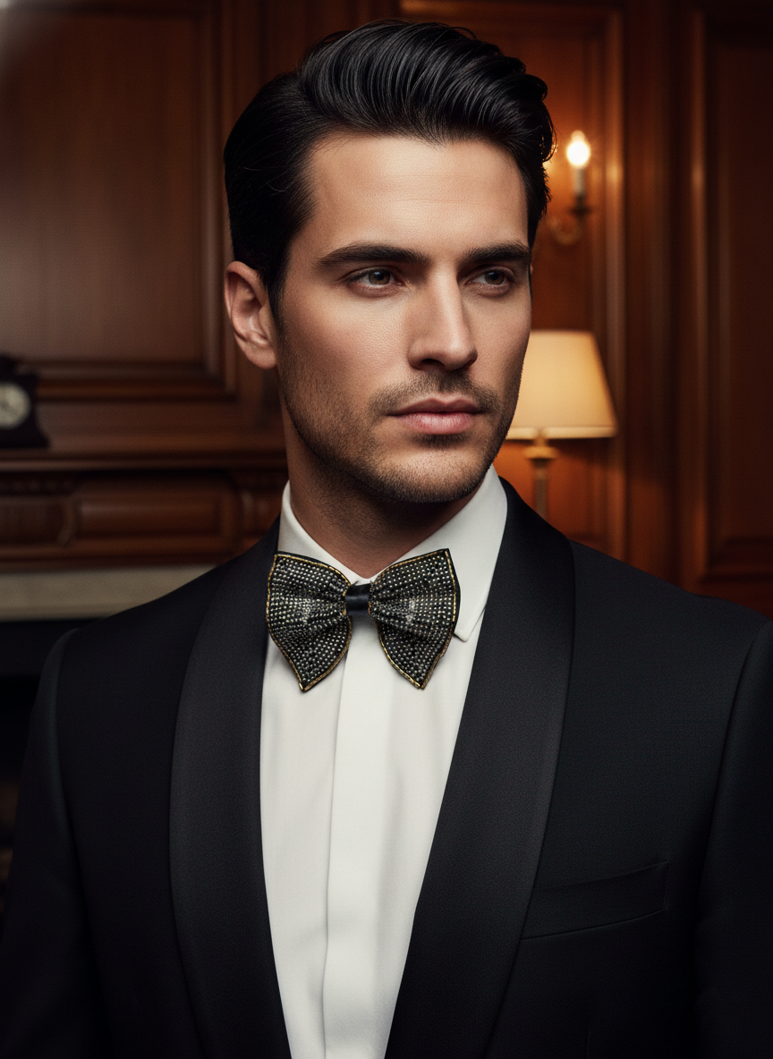 Hand-Beaded Metallic Butterfly Bow Tie - Image 2