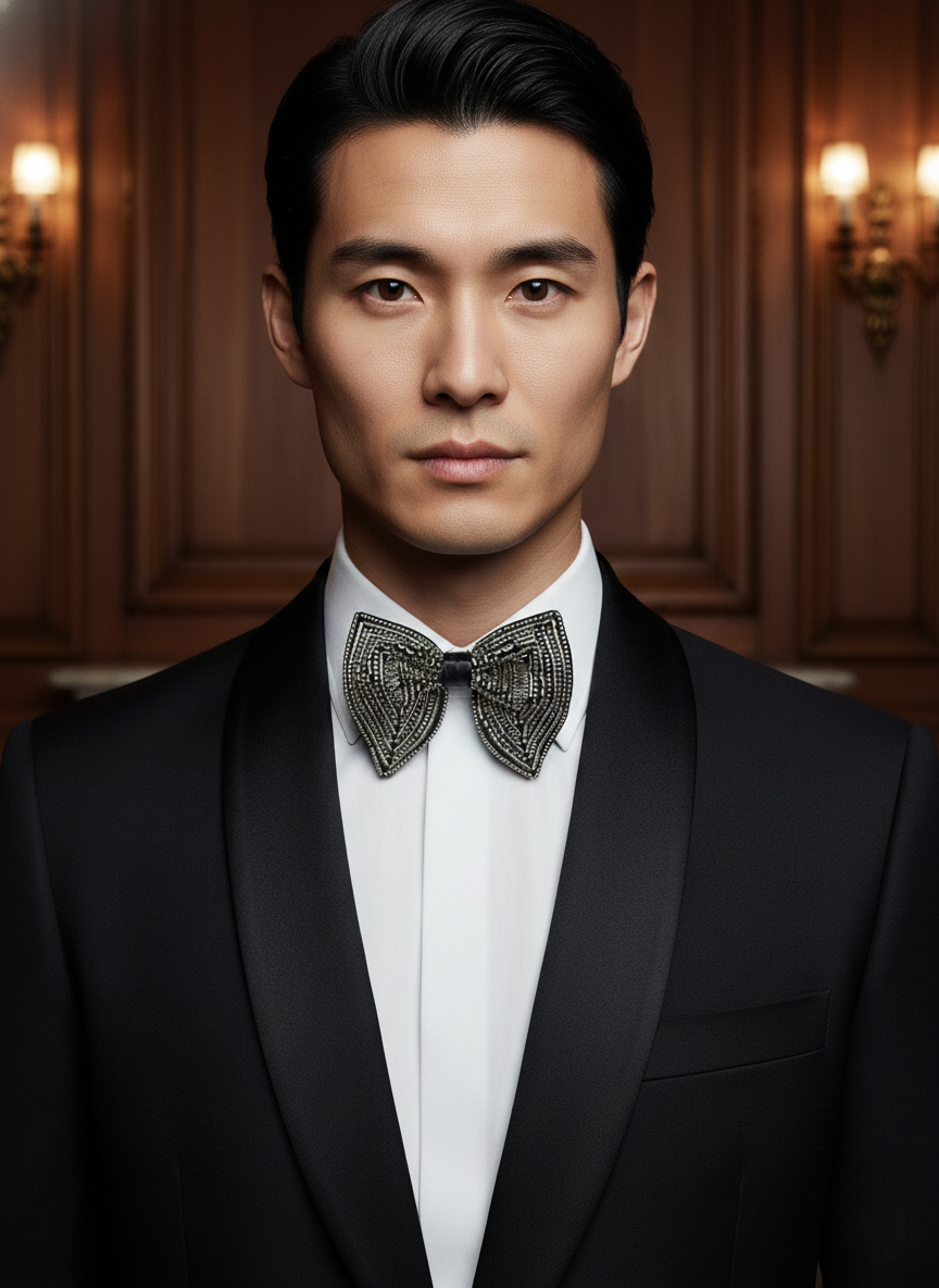 Royal Metallic Beaded Butterfly Statement Bow Tie - Image 3