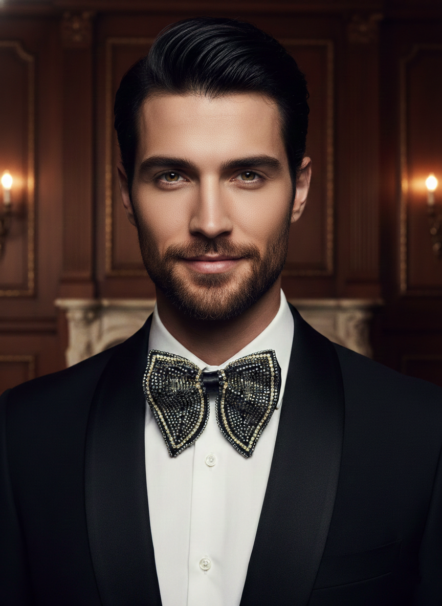 Elite Hand-Beaded Silver Butterfly Statement Bow Tie - Image 2