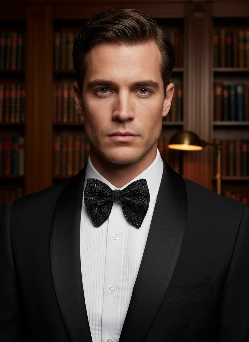 Black Embroidered Beaded Luxury Bow Tie - Image 3