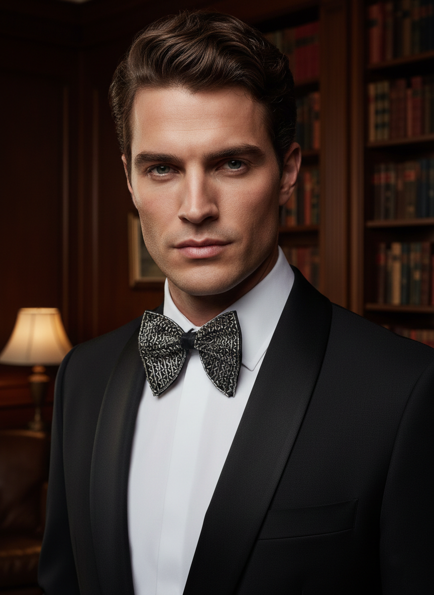 Black Metallic Embroidered Hand-Beaded Bow Tie - Image 2