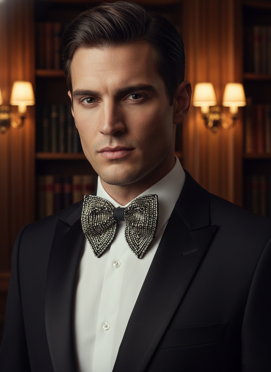 Black & Silver Scatter Embroidered Beaded Bow Tie - Image 3