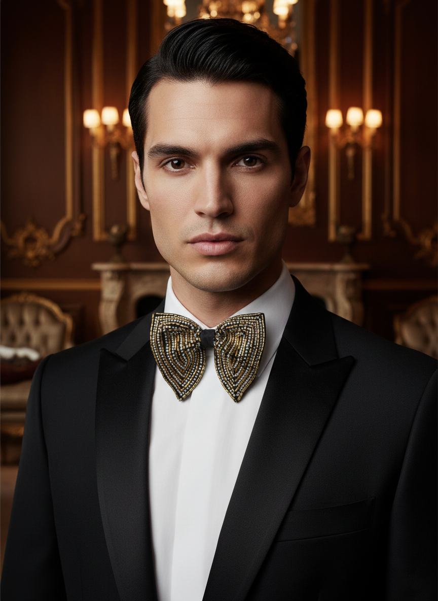Gold & Silver Geometric Hand-Embroidered Bow Tie - Image 3