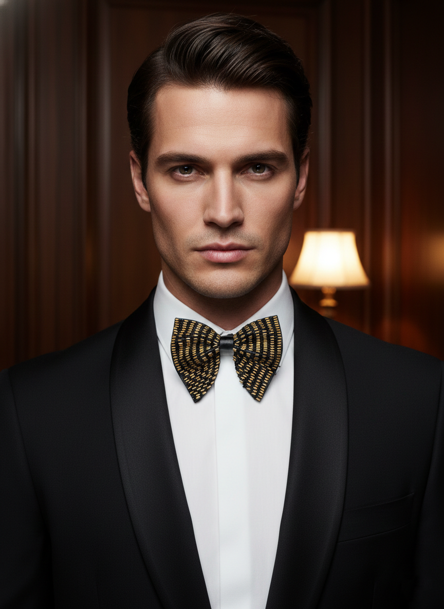 Black & Gold Scattered Embroidered Bow Tie - Image 3